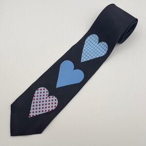 Gene Meyer new York 100% silk Stylish Black Tie with Blue and Red Heart Patterns